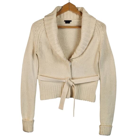 Theory BIAB Cardigan Cropped Sweater Women’s SZ S Cream Cashmere/Wool Blend Belt - Picture 1 of 15